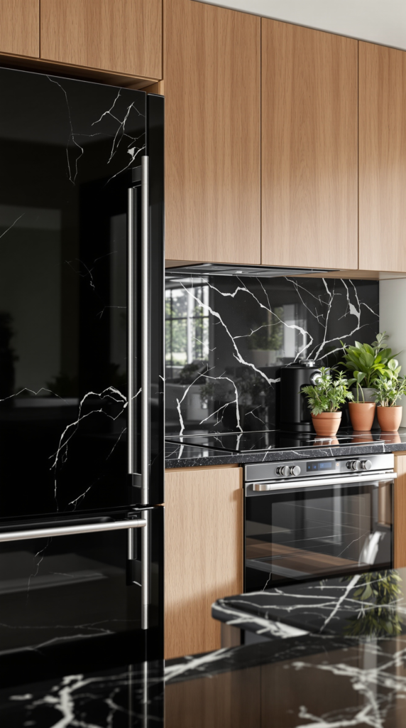 Black Appliances Framed by Wood