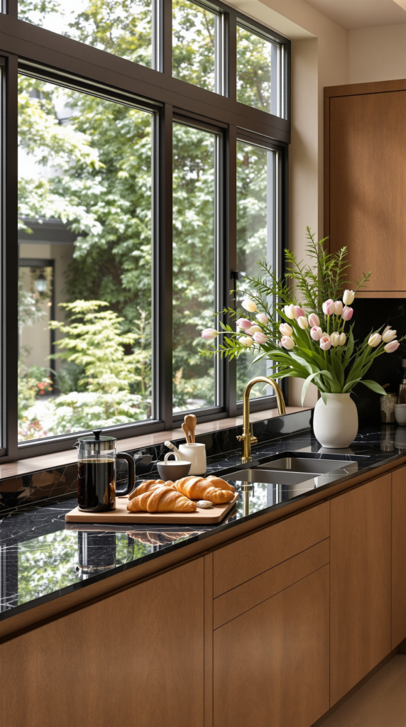 Black Countertops with Wood Cabinets