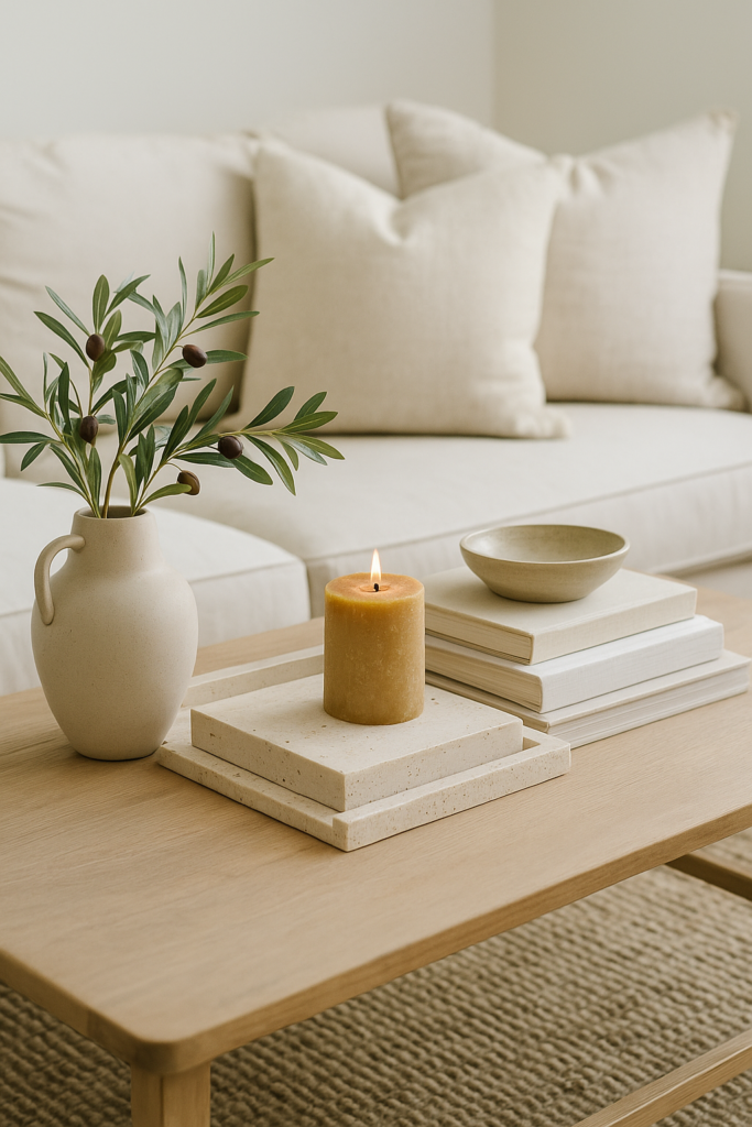 woodsy coffee table with candle