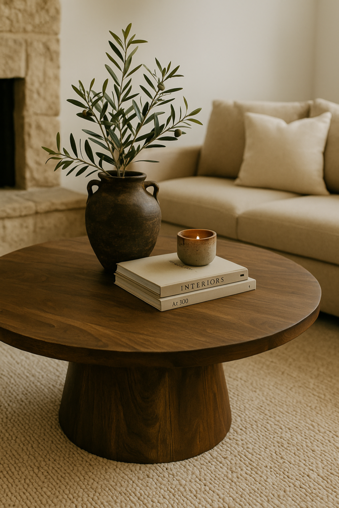 wooden table with olive twigs 