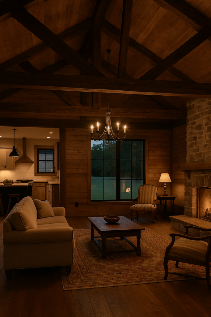 Great room of a rustic barndominium