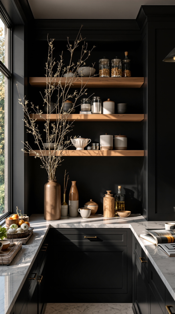 Matte Black Cabinets with Warm Wood Accents