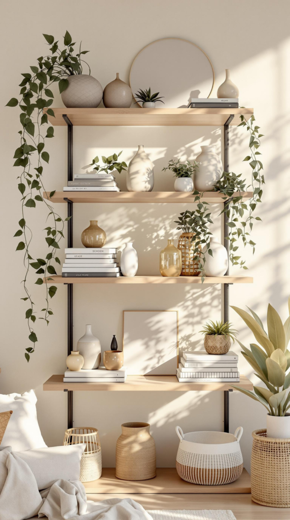 minimalist bookshelf idea with beige vibes