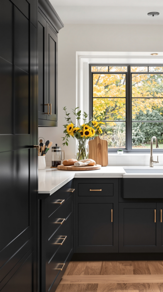 Wood Floors with Black Cabinets