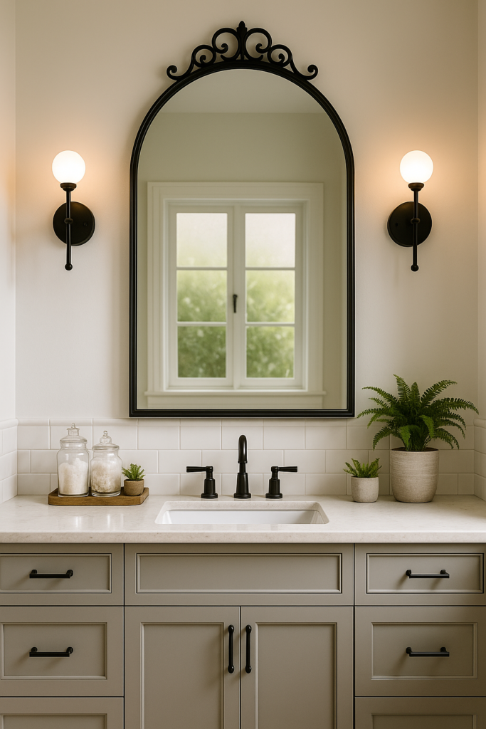 bathroom vanity wall styled with an arched mirror framed