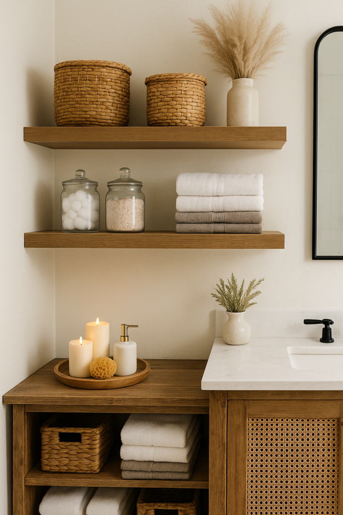 bathroom with floating wooden shelves