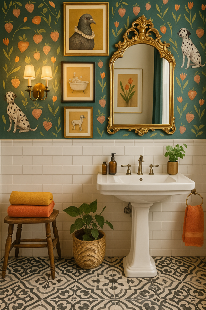 bold bathroom styled with patterned Moroccan floor tiles.