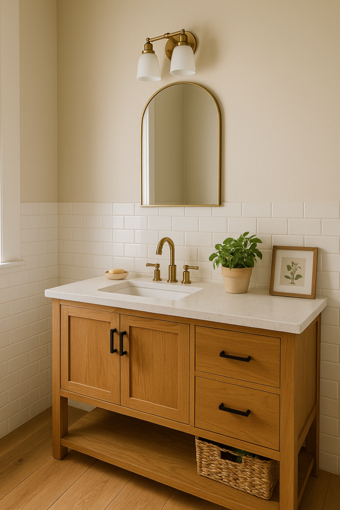bright bathroom with soft beige walls