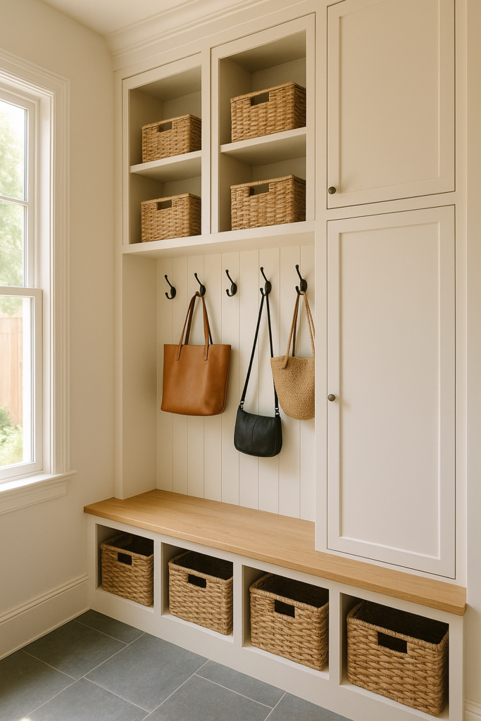 mud room wall with tall built-in cabinets