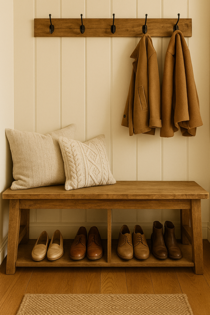 reclaimed wood bench in a mud room