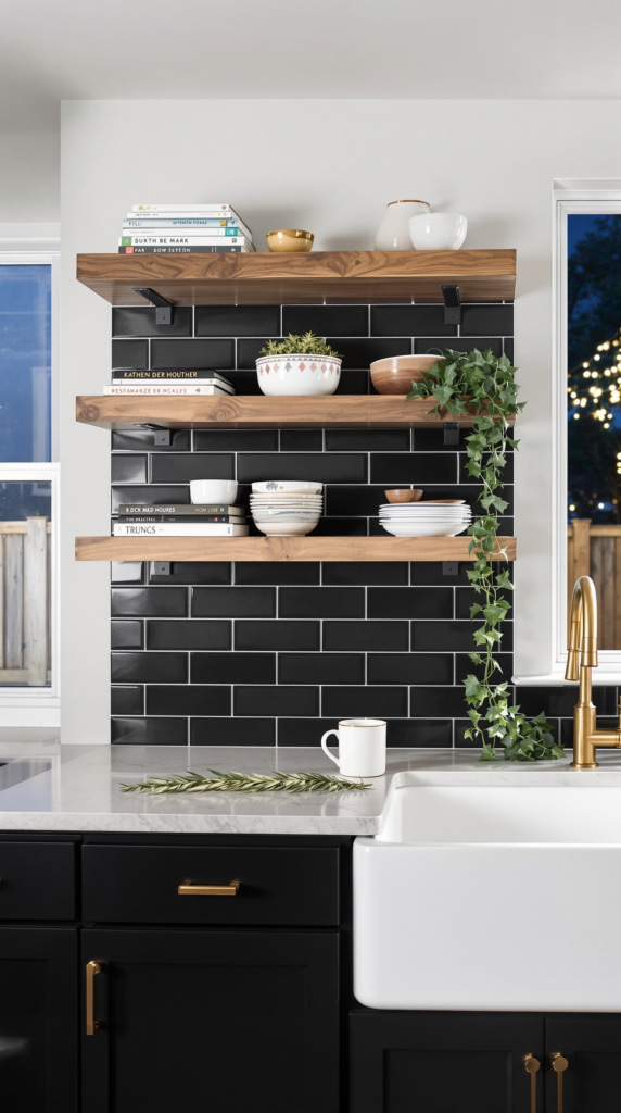 Open Wood Shelving with Black Backsplash
