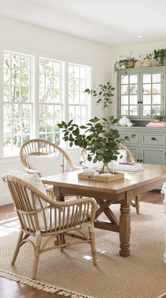 open cottage living area styled with high–low intention