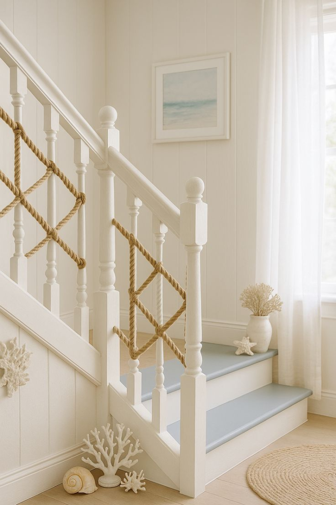 Coastal Cottage Railings With Decorative Rope