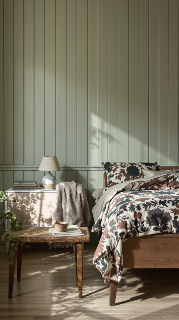 Bedroom With Patterned Quilt, Sage Limewash Panel Wall & Vintage Timber Bench