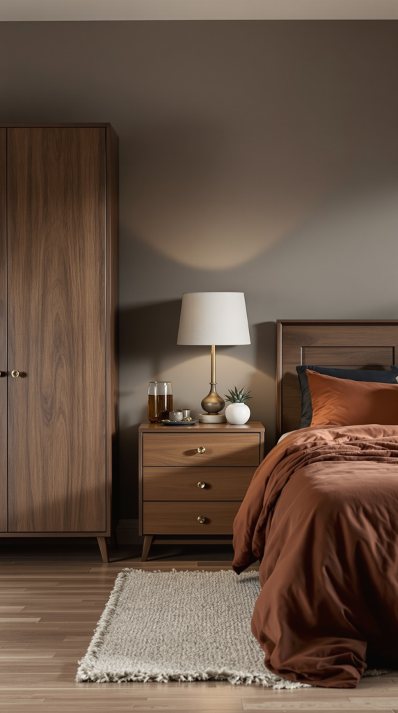 Bedroom With Vintage Lighting, Plaster Wall & Solid Wood Furniture