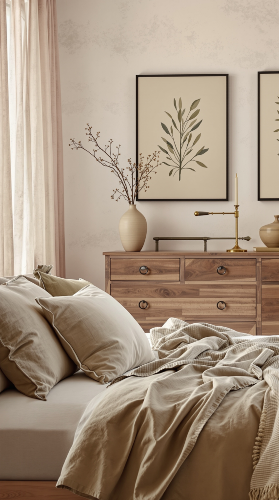 Botanical Wall Art in an Earthy Vintage Bedroom