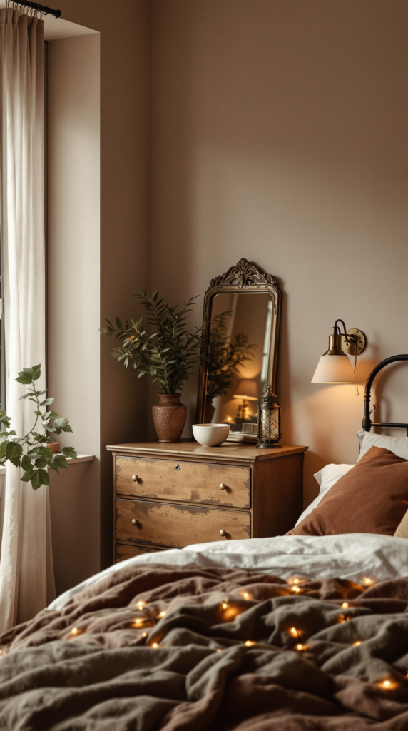 Earthy Bedroom With Warm Brass & Bronze Lighting Accents
