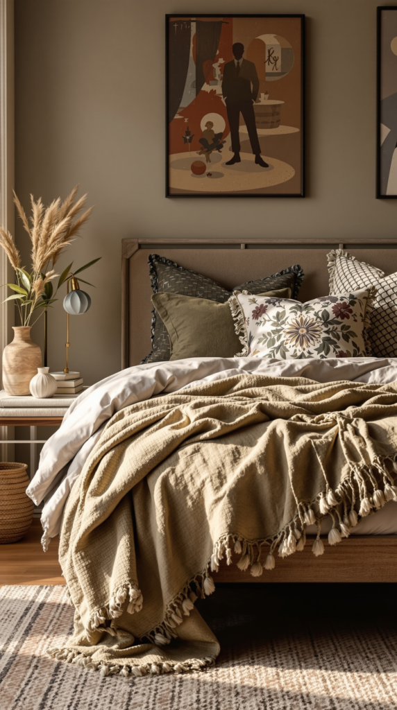 Earthy Textiles & Layered Bedding Bedroom Scene