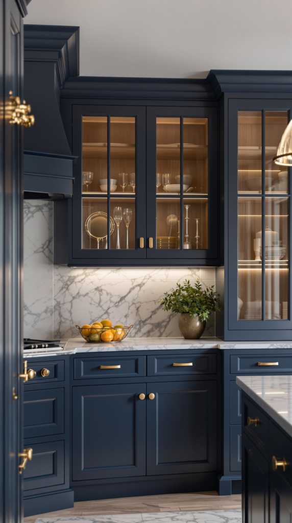 deep midnight-blue kitchen with elegant cabinetry