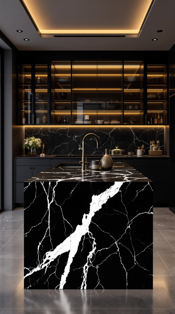 dramatic kitchen showcasing a black marble waterfall island