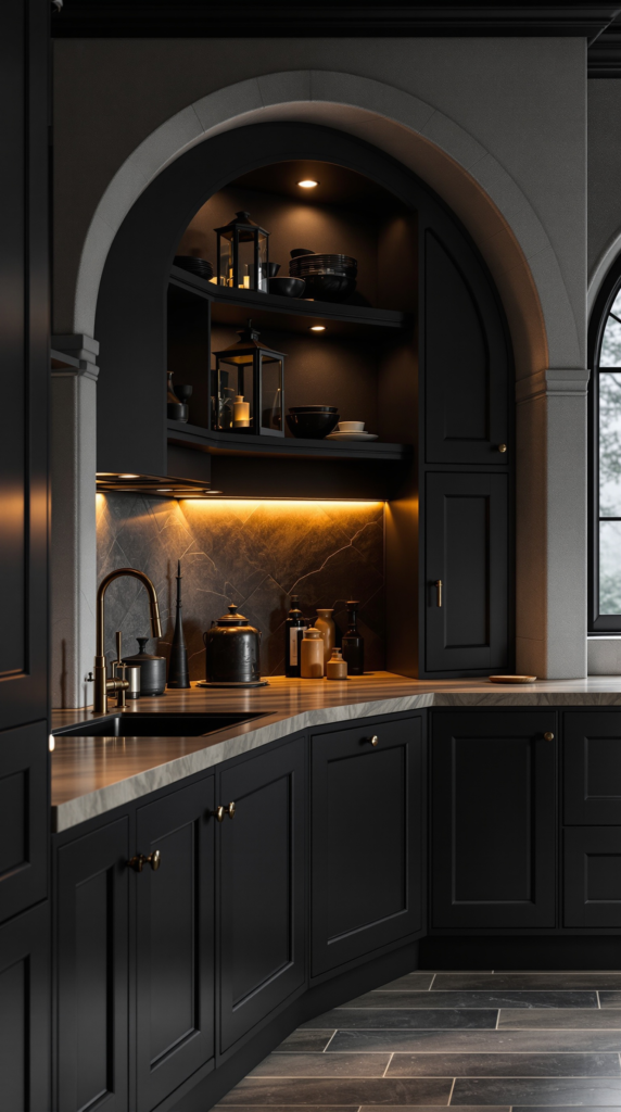 dramatic kitchen with matte black cabinetry