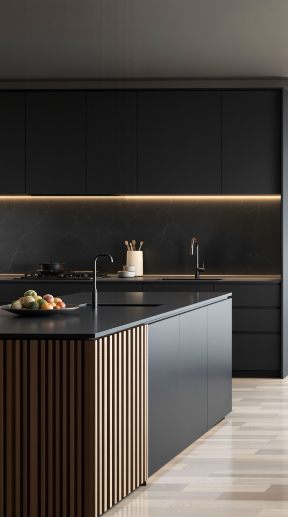 minimalist charcoal kitchen with smooth matte cabinetry