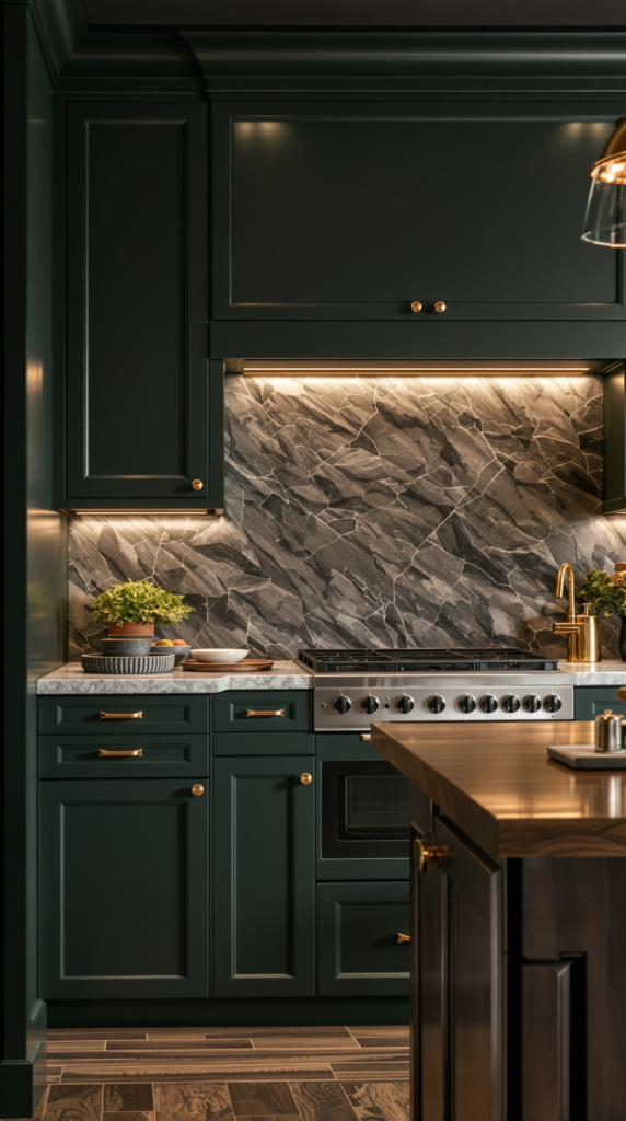 moody kitchen wrapped in deep forest-green