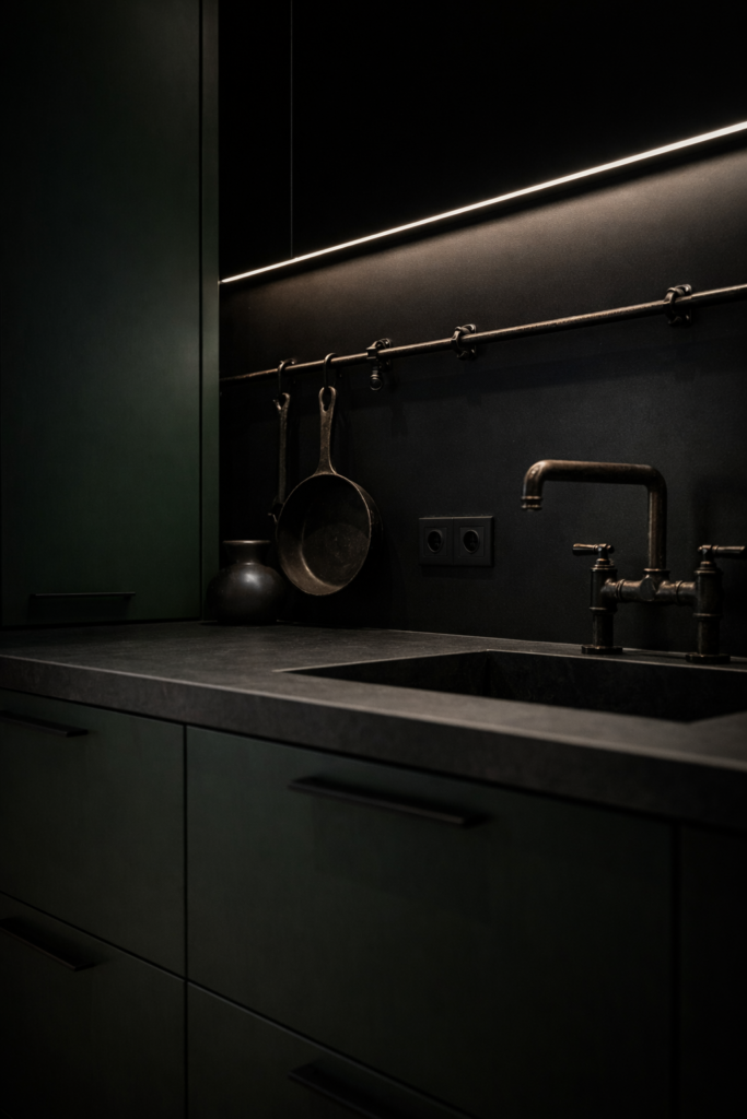  black and iron green kitchen