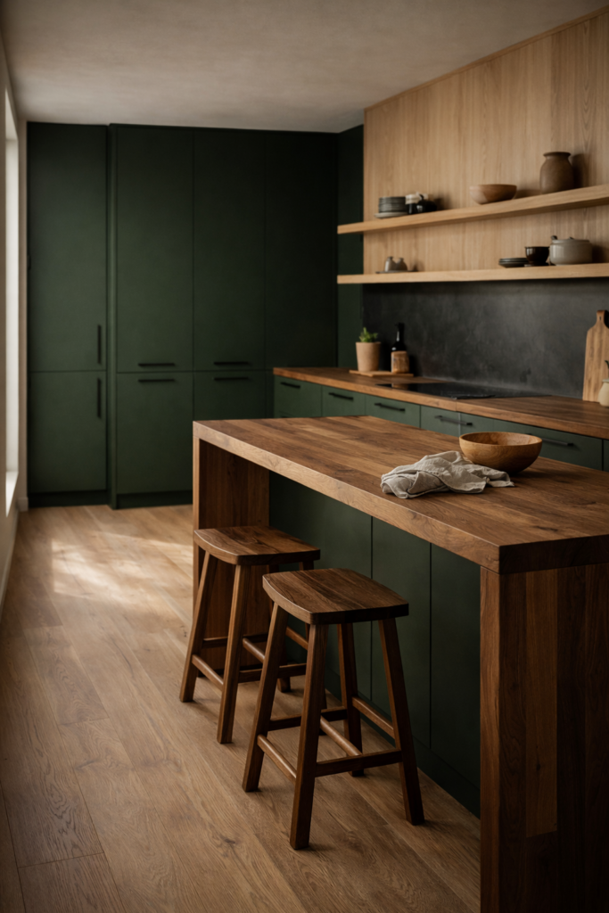 natural wood and green kitchen