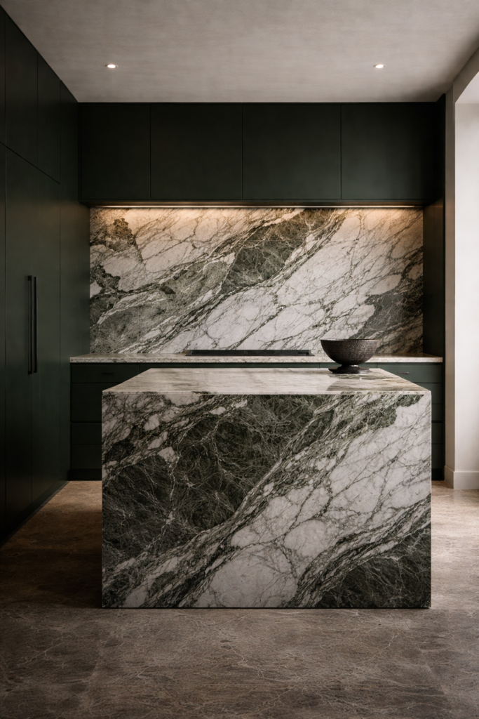 marble and natural stone with green kitchen