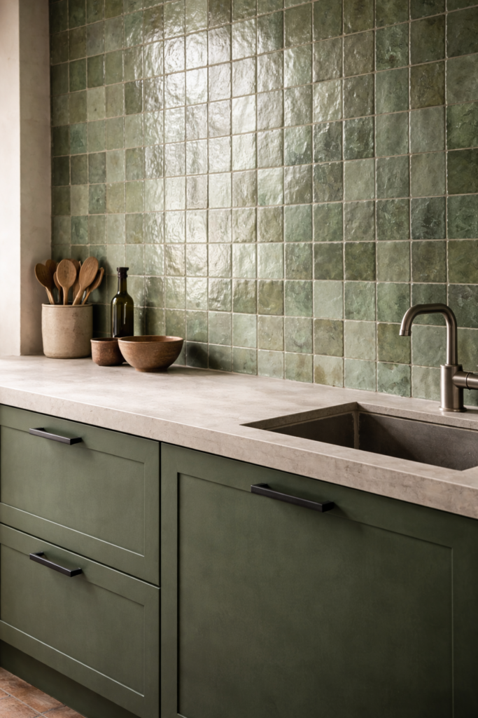 handmade tiling in green kitchen