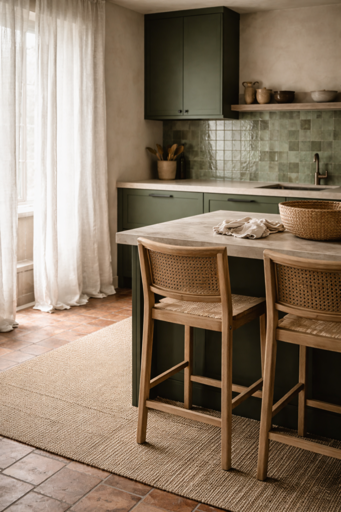 linen and rugs in green kitchen