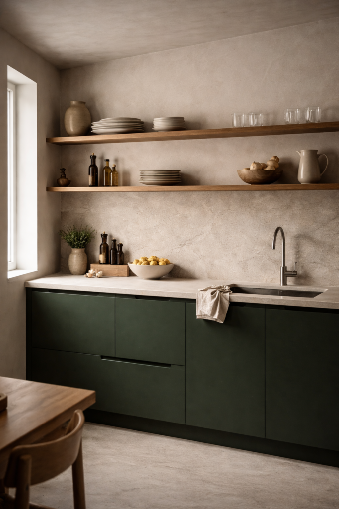 open-shelving in green kitchen