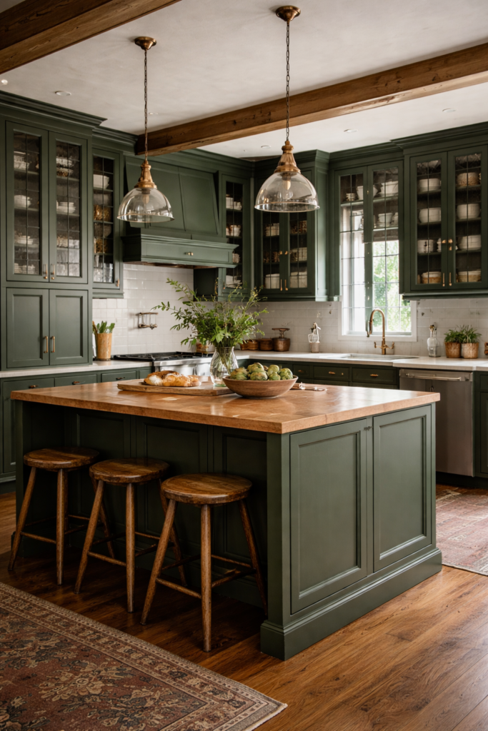 glass cabinet doors in green kitchen