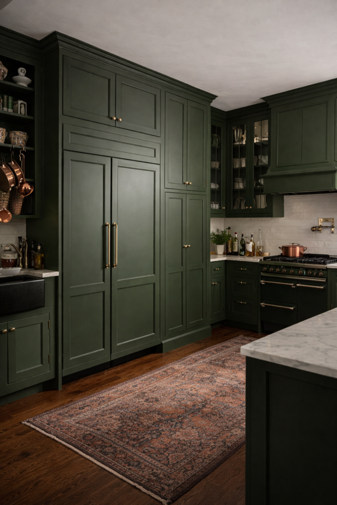 paneled appliances in green kitchen