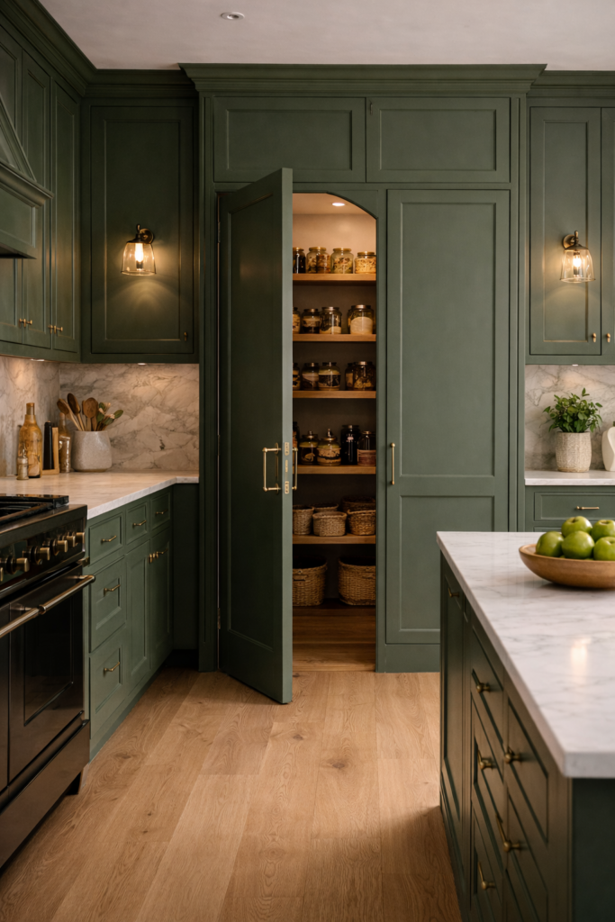 hidden pantrie in green kitchen