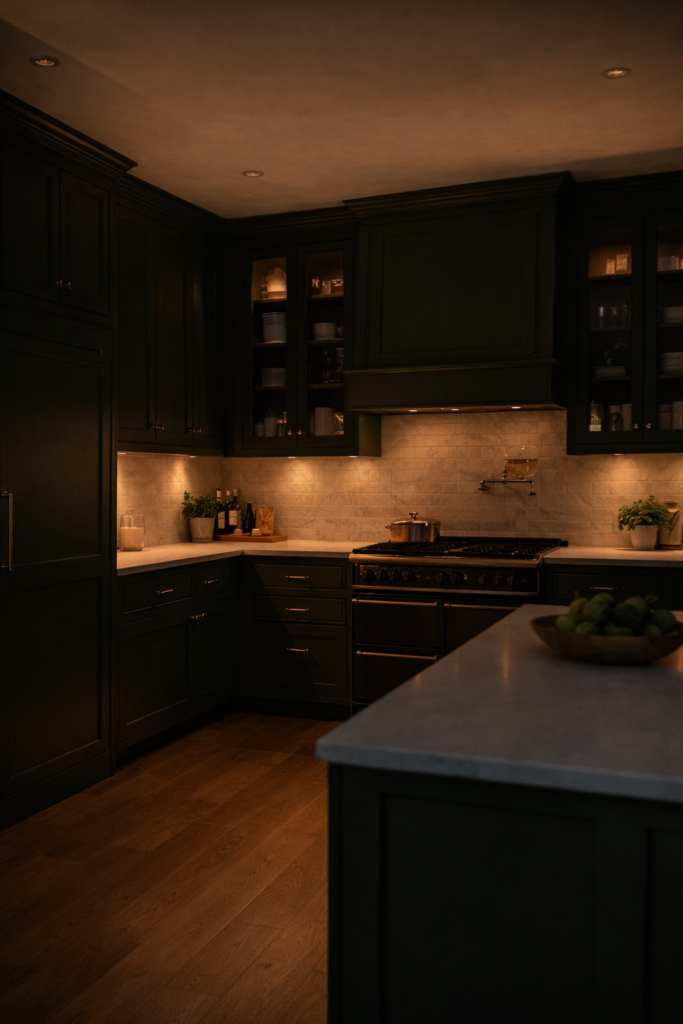moody lighting in green kitchen