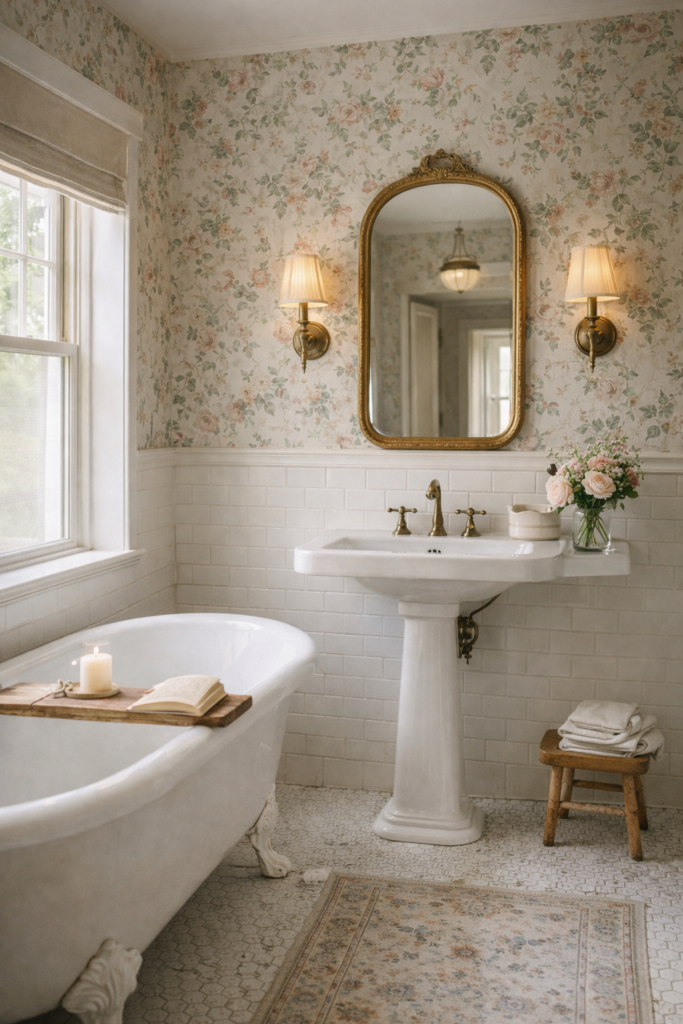 charming European-inspired bathroom with floral wallpaper