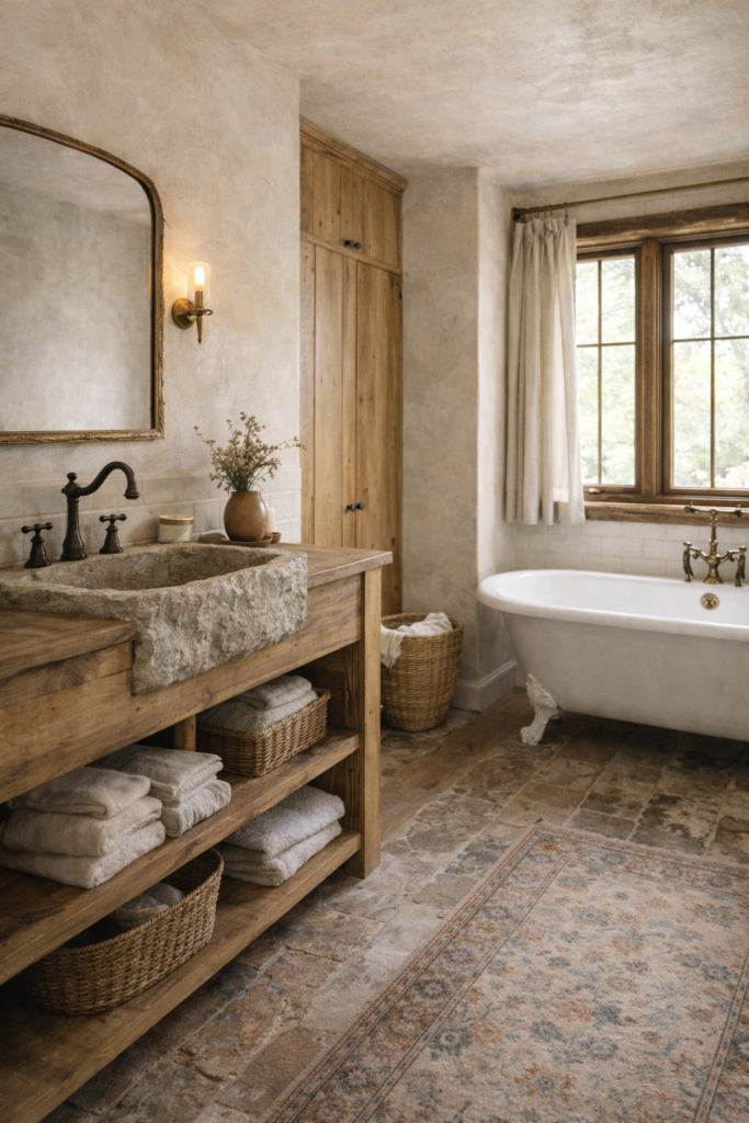 rustic-luxe cottage bathroom blending plaster, wood, and stone