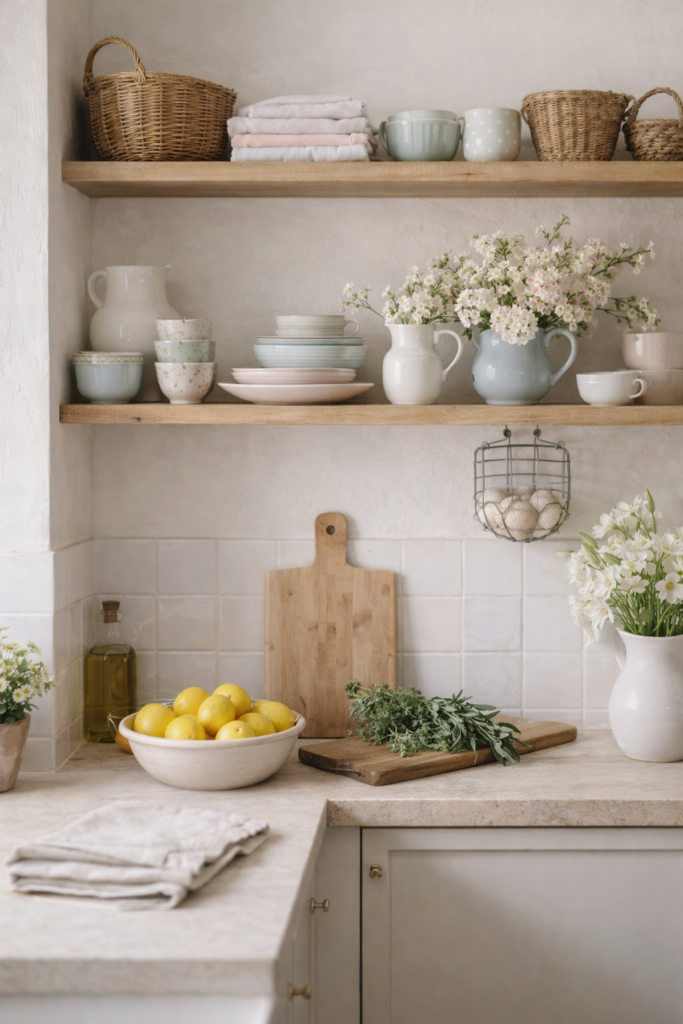 Cottage Kitchen Shelf Styling with Spring Touches