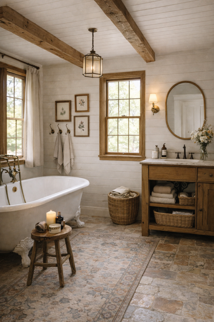 rustic-luxe cottage bathroom blending plaster, wood, and stone