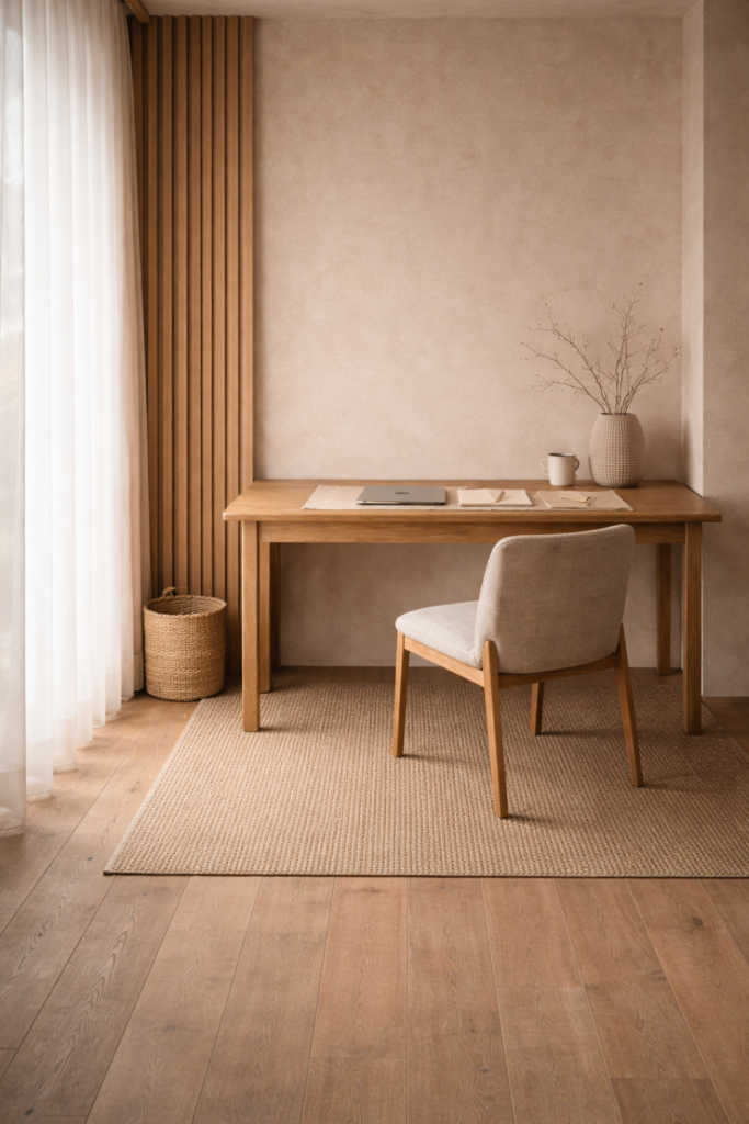 Japandi offices in muted neutrals